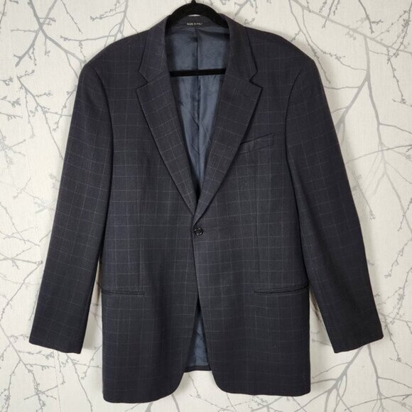 Armani Collezioni Navy Checks Wool Silk Single Button Blazer Sport Coat